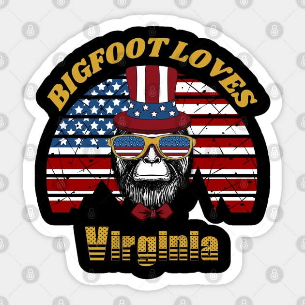 Bigfoot loves America and Virginia Sticker by Scovel Design Shop